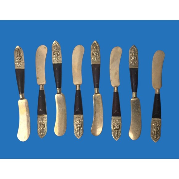 Thailand, Siam Other - Vintage 8 Cheese Spreader Knives Buddha Bronze Brass Rosewood Siam Thailand 6”